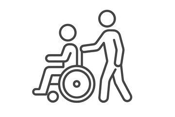 Disability care icon. Person in wheelchair with caregiver. Medical assistance and support for handicapped patient. Nurse or volunteer helping invalid person. Vector line symbol.