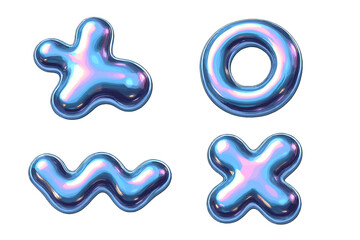 3D chrome abstract liquid shapes set. Inflated metallic objects collection. Realistic y2k holographic fluid elements for modern futuristic design. Glossy iridescent icons.