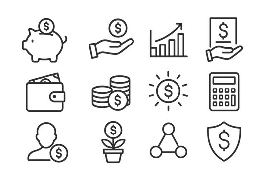 Personal finance thin line icon set. Money management and investment concepts. Vector outline symbols for banking, budget planning, savings, wealth growth and financial protection.