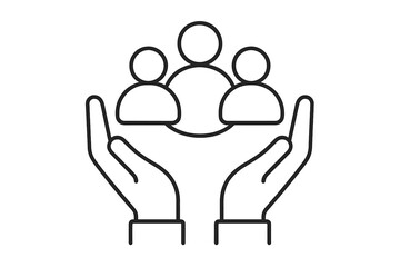 Community protection and social care concept. Two hands holding diverse group of people icon. Safety, inclusivity, belonging, group support, unity, helping, welfare, teamwork. Editable stroke vector.