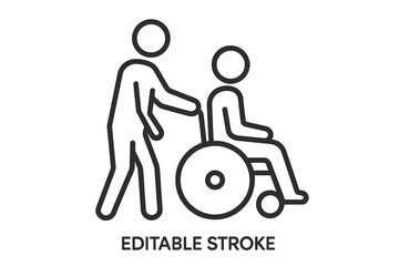 Fototapeta premium Wheelchair assistance icon with person helping disabled individual, accessibility support, caregiver and disability aid, thin line vector illustration, editable stroke, inclusive care concept