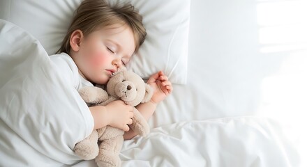 Peaceful little girl sleeping soundly with her teddy bear in a comfortable bed