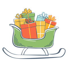 Wooden sled filled with colorful gift boxes and bows  