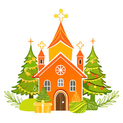 Fototapeta premium Christmas church with decorated trees and gift box in winter setting 