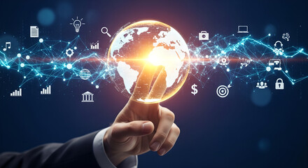 Naklejka premium Global Business Technology Network Male Hand Touching Globe Copy Space