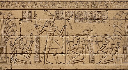Intricate carvings showcasing Egyptian deities and hieroglyphs adorn an ancient temple wall presenting a glimpse into