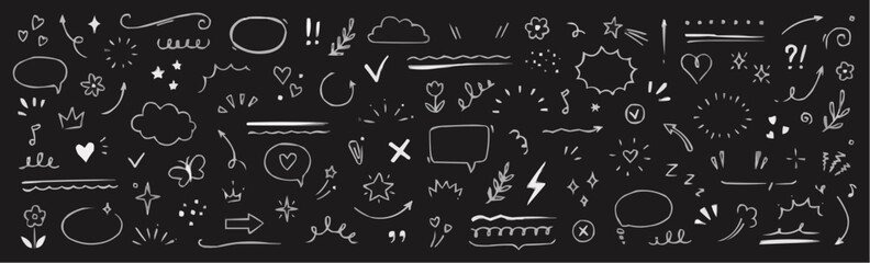Collection of hand drawn doodle elements and icons on black background