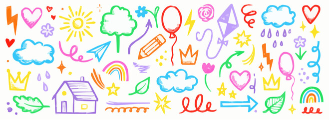 Collection of colorful hand drawn doodles and icons on white background