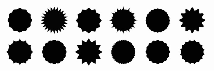Collection of black starburst and burst shapes on white background