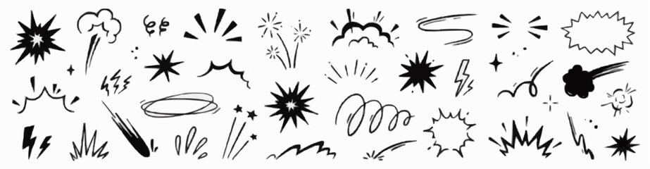 Collection of hand drawn black and white comic style explosion and sparkle elements