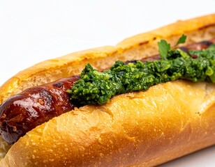 Grilled Argentine Choripan sausage sandwich with chimichurri sauce, photographed in clean studio style isolated on white background for menus, catalogs, and branding.