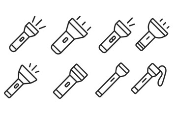 Vector flashlight line icon bundle. Minimalistic linear pictogram set of a torch with a light beam. Editable stroke outline icons for app, web design, and UI. Simple illustration.
