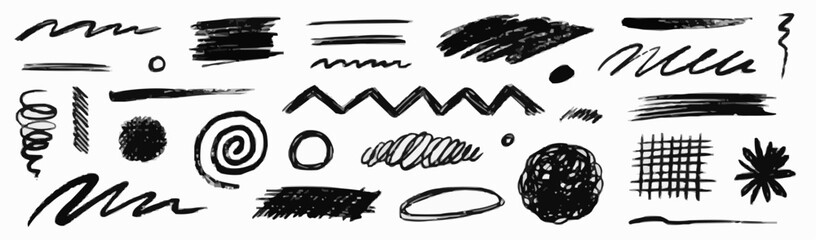 Collection of hand drawn black scribbles and shapes on white background