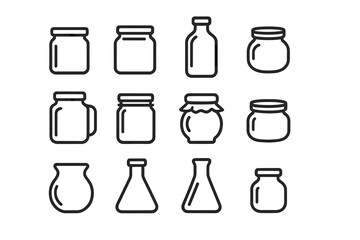 Fototapeta premium Glass jar line icon set. Vector glassware collection with bottle, mason jar, jam pot, and lab beaker. Minimalist outline icons for canning, kitchen, food, and science design.