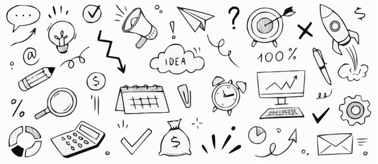Hand drawn business icons and symbols collection for startup and success