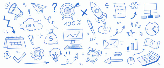 Business concept doodles with startup rocket and idea lightbulb