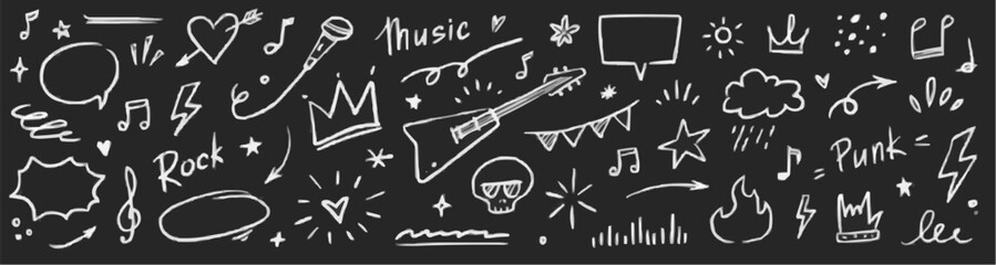 Hand drawn chalk style doodles of music symbols and rock elements on black background
