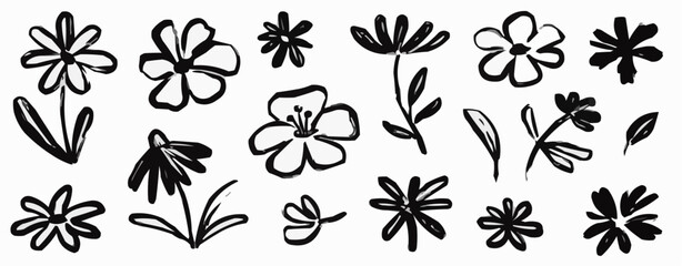 Collection of hand drawn black and white floral illustrations