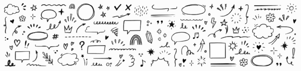 Collection of hand drawn doodle elements and icons on white background