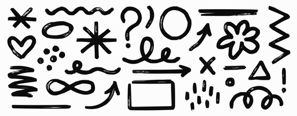 Collection of hand drawn black doodles and symbols on white background
