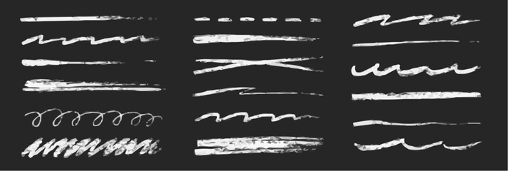 Collection of hand drawn white brush strokes and lines on black background