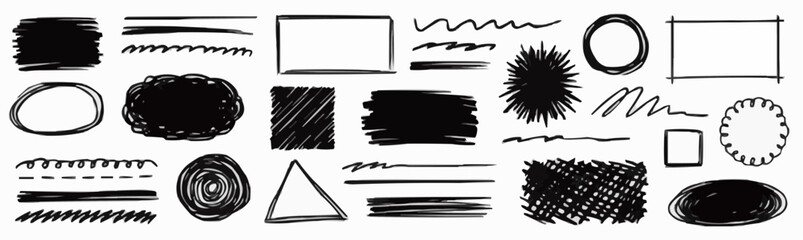Collection of hand drawn black scribble shapes and lines on white background