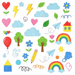 Collection of hand drawn cute elements for childrens designs