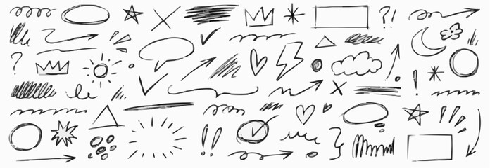 Collection of hand drawn black sketch elements and symbols on white background