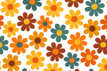 Abstract seamless pattern with groovy daisy flowers. Trendy vintage y2k design in 60s, 70s style. Retro floral vector illustration. Hippie flower power cartoon background.