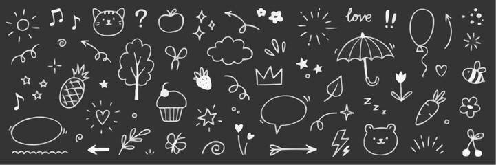 Collection of hand drawn doodle icons and symbols on a dark background