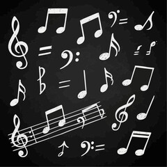 Hand drawn musical notes and symbols on a blackboard background