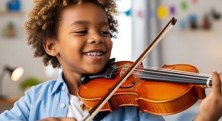 Joyful Young Boy Happily Playing Violin Learning Music Instrument for Childhood Development