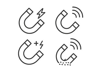 Magnet line icon set. Editable stroke pictogram. Horseshoe magnet, magnetic field, power, energy. Physics science concept. Customer attraction, lead generation metaphor.