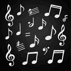 Hand drawn white music notes and symbols on a chalkboard background