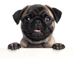 A cute pug puppy with big eyes and tongue sticking out peering over a white surface looking at the viewer