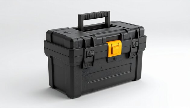 Durable black toolbox with yellow latch, perfect for organizing tools and equipment in workshops or garages, ensuring everything is securely stored