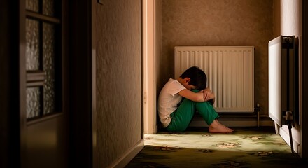 Young boy sitting alone in dark hallway feeling sad and neglected showing childhood loneliness and despair