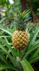 Fototapeta premium Close-up of a ripe pineapple with green spiky leaves, vibrant colors