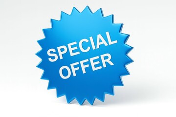 Bright blue starburst sticker with the words special offer in white text for promotions and sales