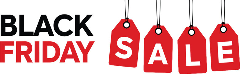Black Friday sale advertising with red tags, shop now for amazing discounts