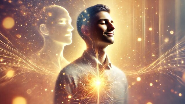 Spiritual awakening concept with glowing heart energy and higher self