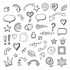 Hand drawn doodle elements collection with arrows hearts stars and speech bubbles