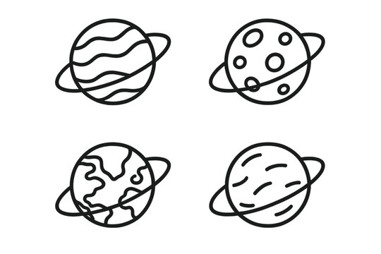 Planet icon set in simple line art style. Space, galaxy, universe symbols. Vector illustration for infographics, presentations. Astronomy, science cartoon signs. Cosmic bodies set.