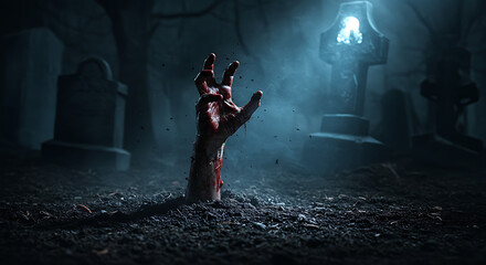 Zombie hand rising from the graveyard soil with eerie light
