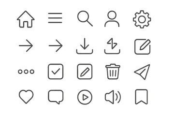 Universal line icon set for user interface design. Minimalist pictograms for website, mobile app, social media. Editable stroke vector. Home, like, share, menu, search.