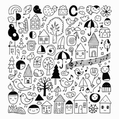 Whimsical doodle collection of cute houses birds trees and music notes