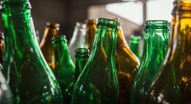 A group of empty glass bottles in various colors, ready to be processed for recycling.Concept of glass recycling for resource recovery.