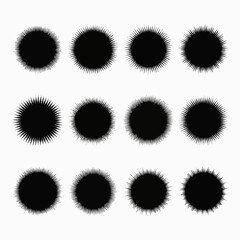 Collection of twelve black spiky starburst shapes on a white background