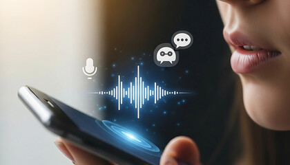 Futuristic concept of voice recognition technology, with a person speaking to a smartphone to control an AI virtual assistant