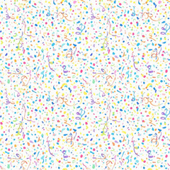 Seamless pattern of colorful confetti and streamers on white background